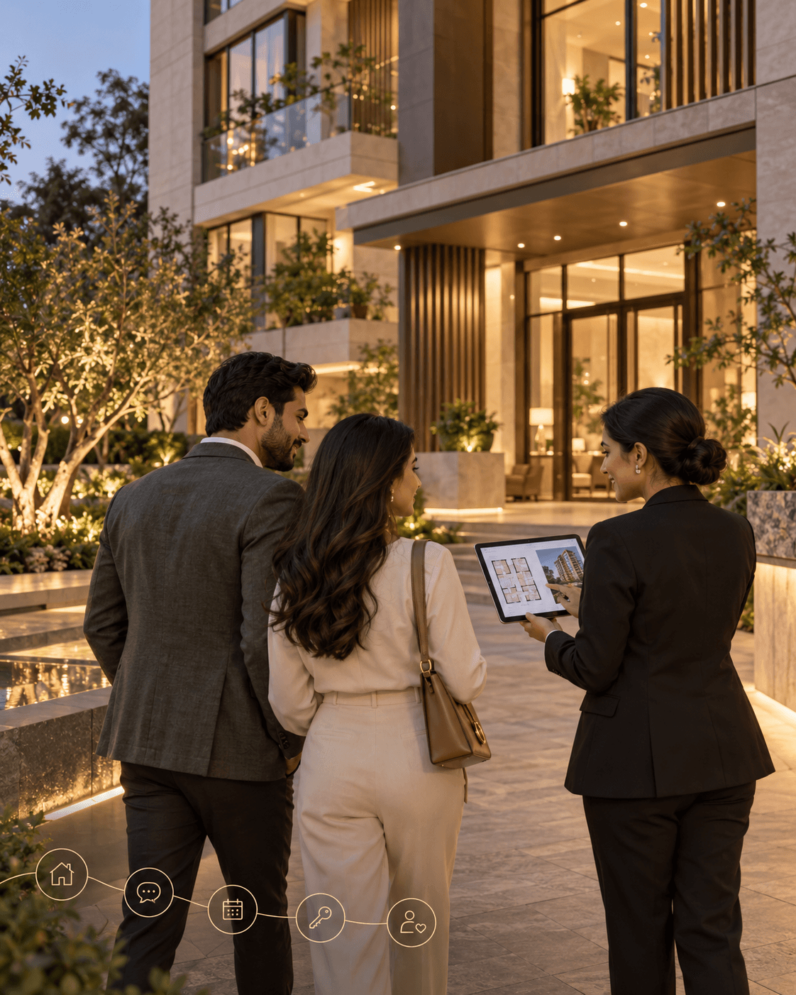 Sales consultant showing a couple a floor plan on a tablet outside a residence, illustrative visual