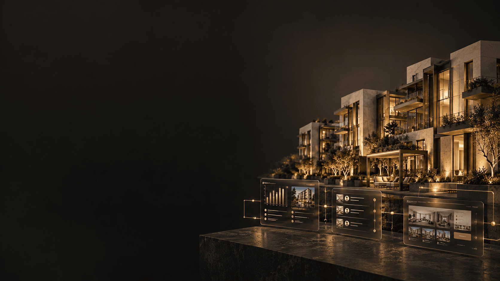 Illuminated luxury residences at night with floating property dashboards, illustrative visual